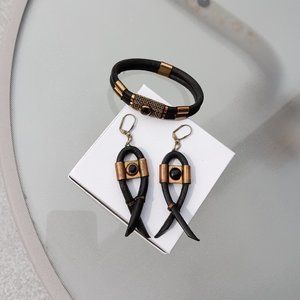 Designer set of black leather earrings and bracelet